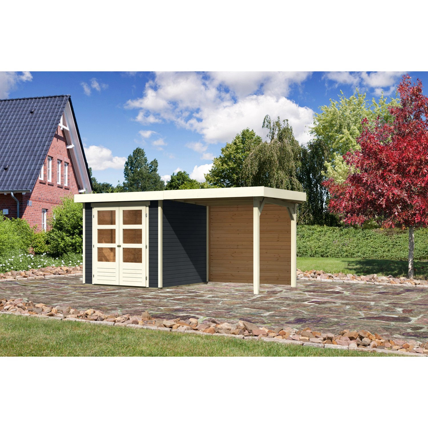 Karibu Gartenhaus Boras 2 Anthrazit 433 cm x 217 cm mit Anbaudach und Rückw günstig online kaufen