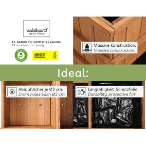 Details des Needs&wants Hochbeets Quadry1: Konstruktion, Ablauflöcher, Schutzfolie.