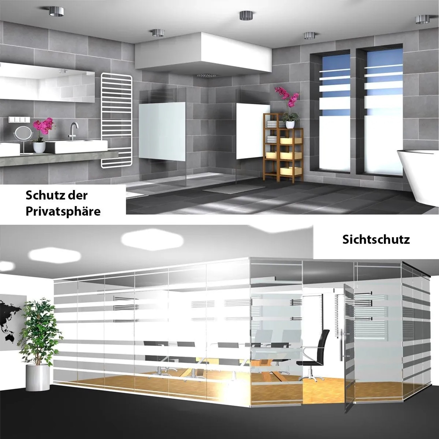 eyepower Sichtschutzfolie Frost 90x200 cm, statisch haftend, auf Fenstern im Bad und gestreiften Glaswänden im Büro für Privatsphäre.