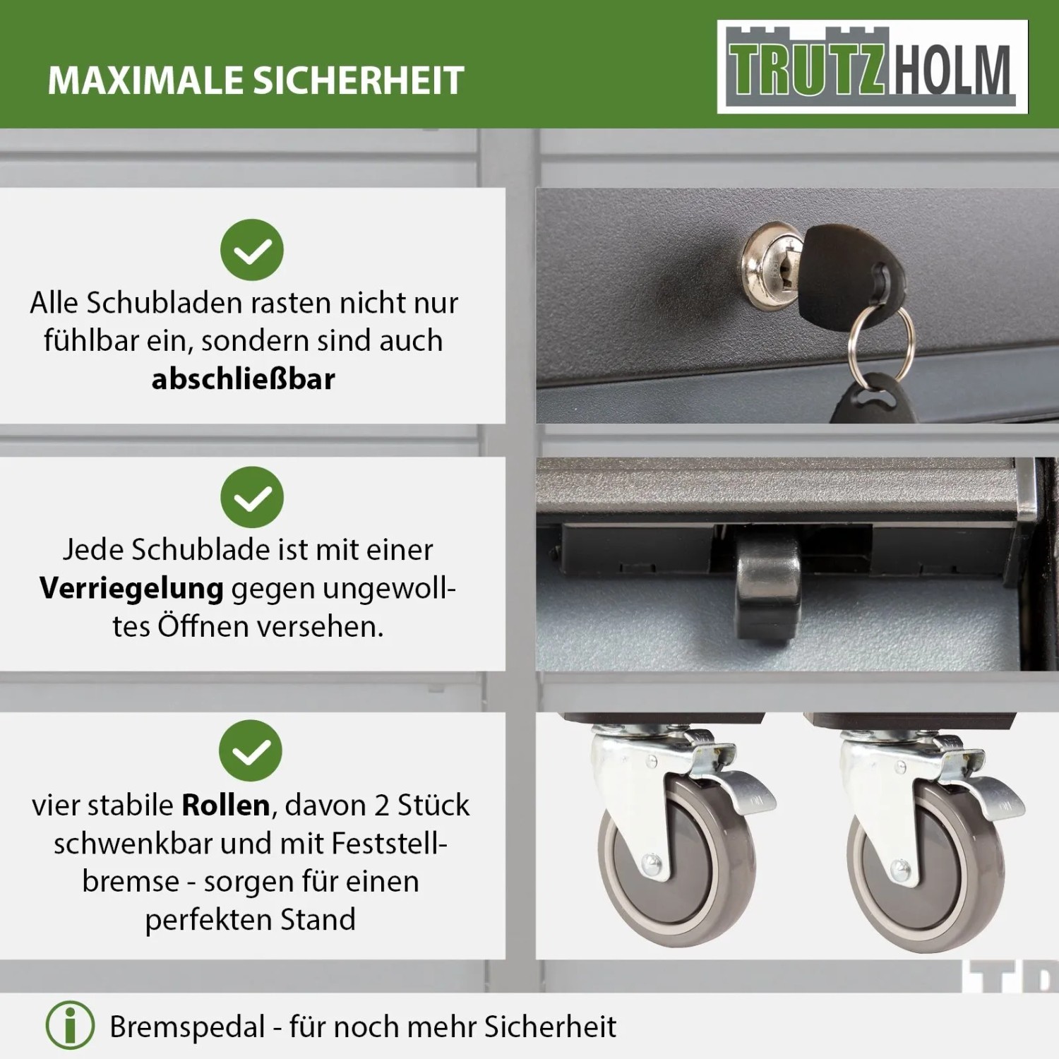 Detailansicht TRUTZHOLM Werkstattwagen DELUXE: Schubladenverriegelung, Rollen mit Feststellbremse, abschließbar.