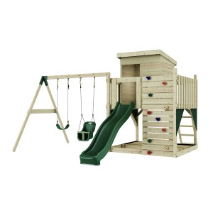 PolarPlay Spielturm Björn mit Rutsche, Schaukel und Kletterwand, aus Holz.