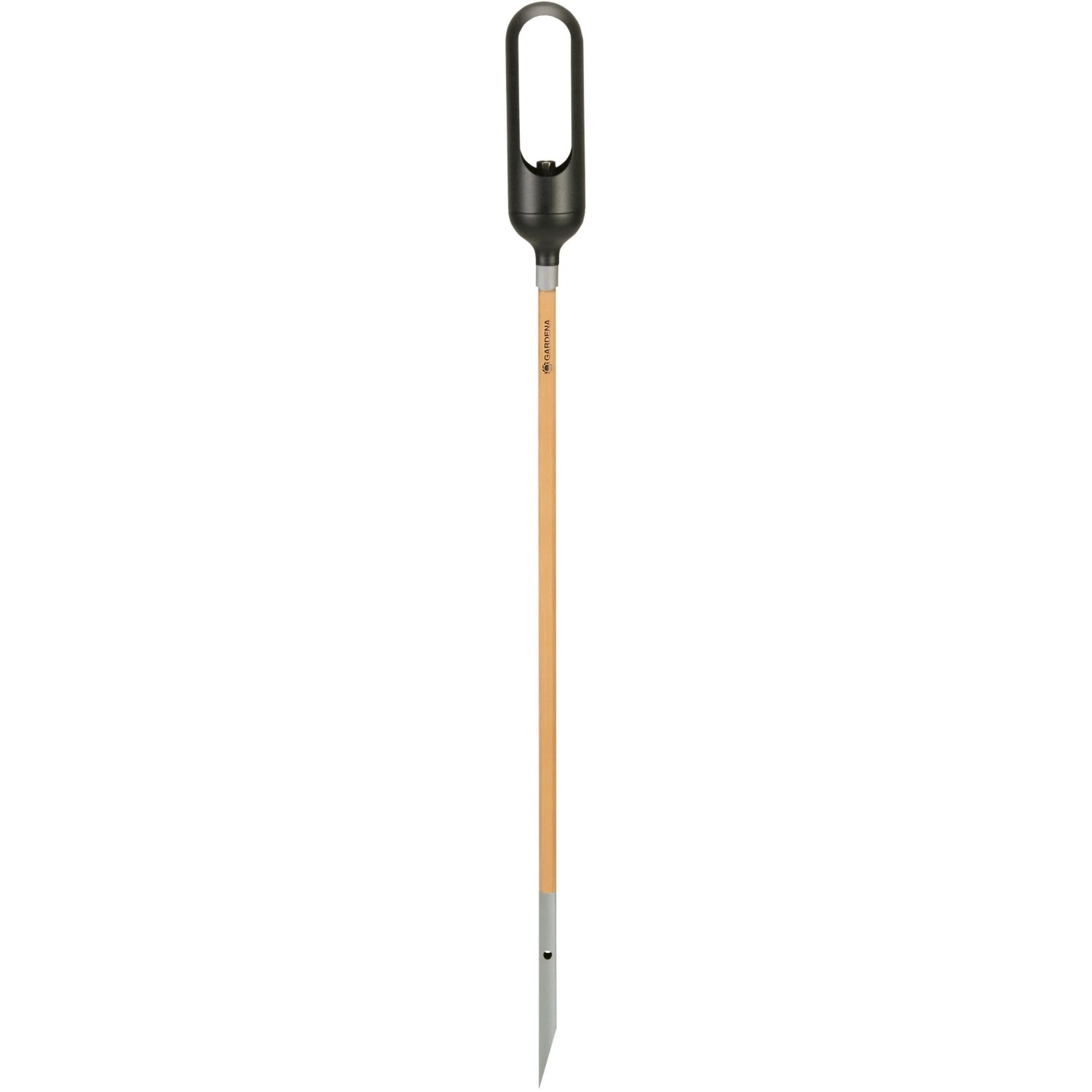 Gardena Fackel ClickUp! für Gartendekoration, mit Holzstiel und schwarzem Lampenkopf.