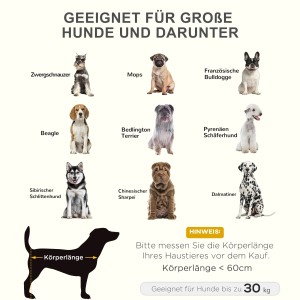 Geeignet für Hunde bis 30kg: Verschiedene Hunderassen als Größenvergleich für die PawHut Hundeliege.