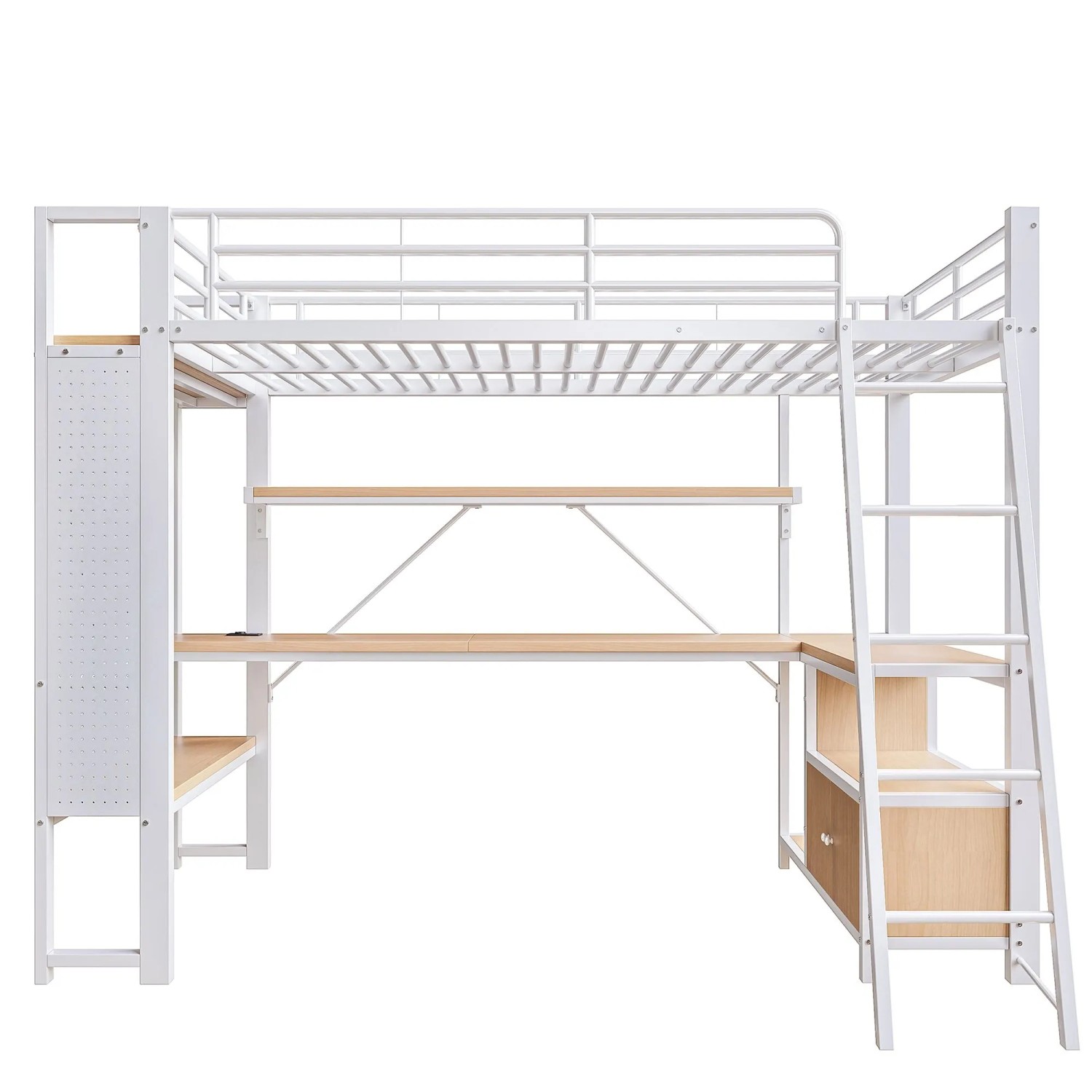 Merax Metall Hochbett 90x200 cm Mit Schreibtisch Stauraum Regalen USB LED Weiß