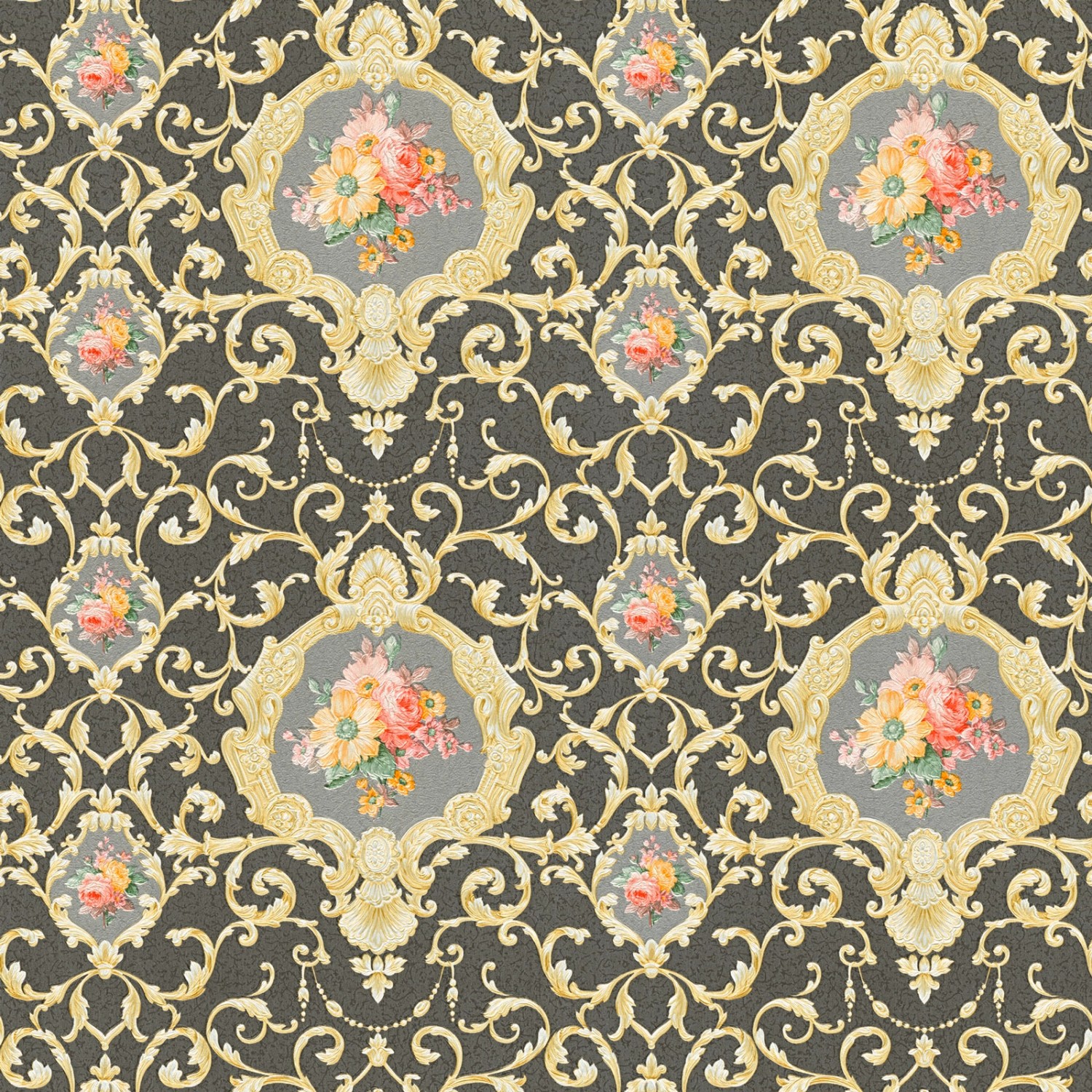 Bricoflor Französische Tapete Schwarz Gold Bunt Blumen Vliestapete mit Ornament im Rokoko Stil Elegante Barock Wandtapet