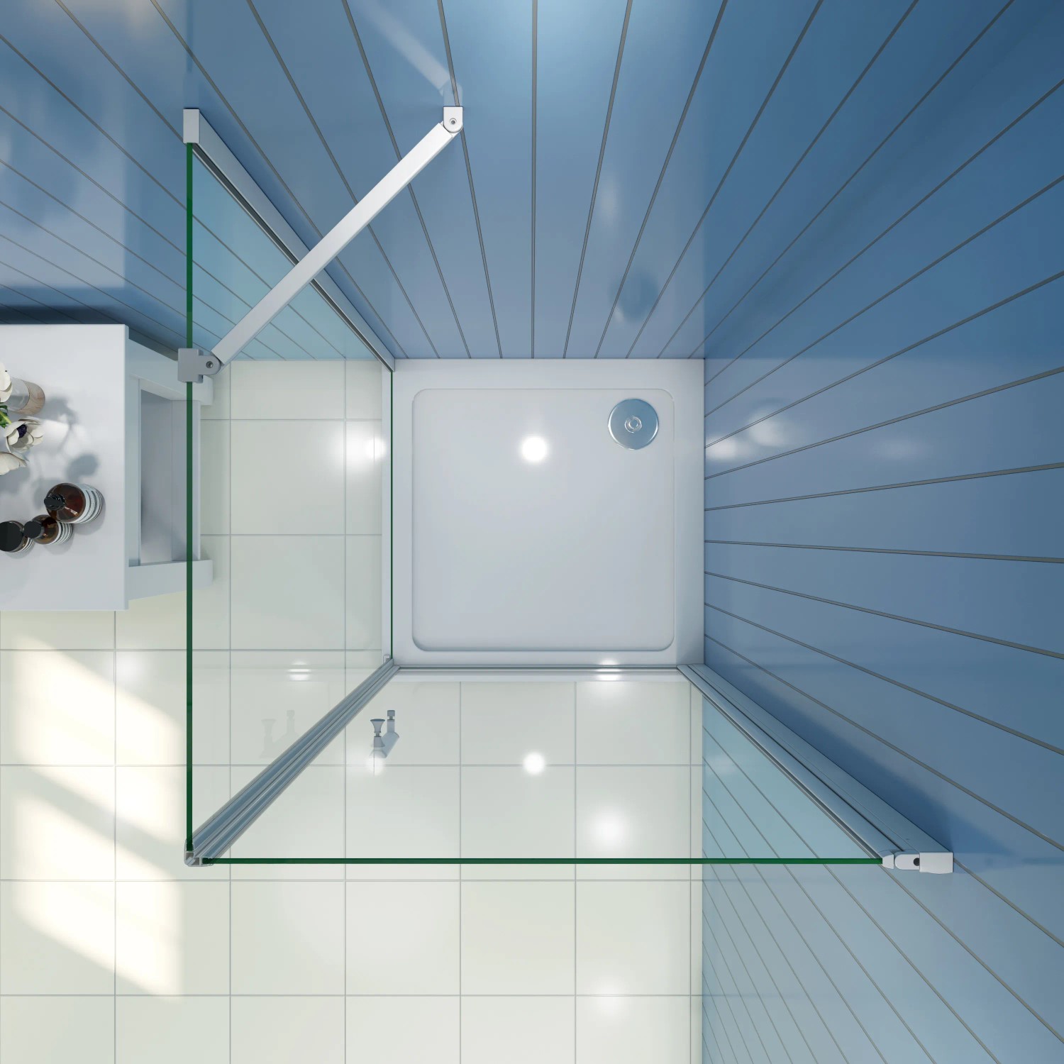 AICA Alu Silber Duschkabine Eckeinstieg 90x90cm mit Pendeltür und ESG Glas, Draufsicht.