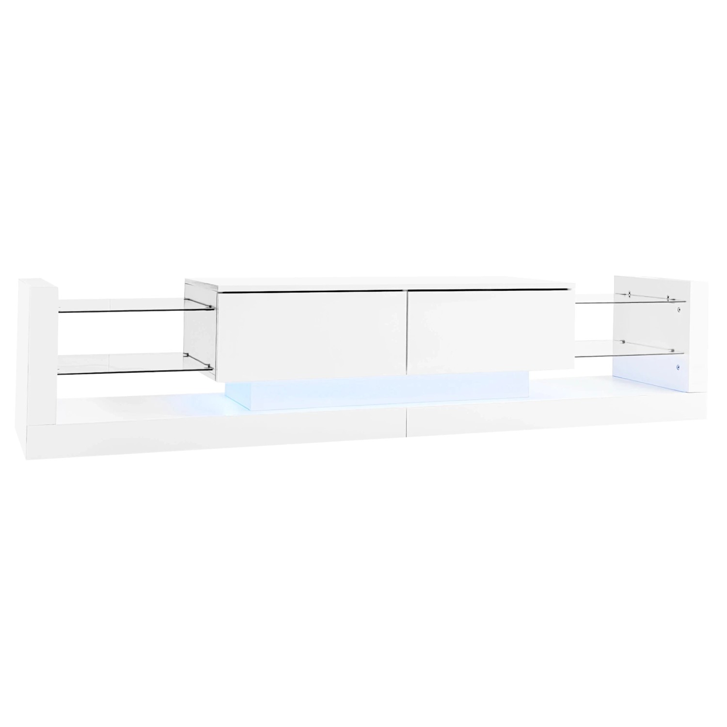 ModernLuxe TV Lowboard Hochglanz mit 2 Klappschubladen Led Beleuchtung Spanplatte Weiß