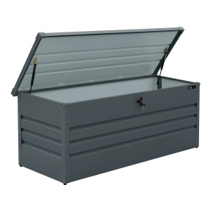 Geöffnete, anthrazitfarbene Axi Gartenbox Miles 600 aus Metall mit Schloss. Ideal zur Aufbewahrung im Garten.