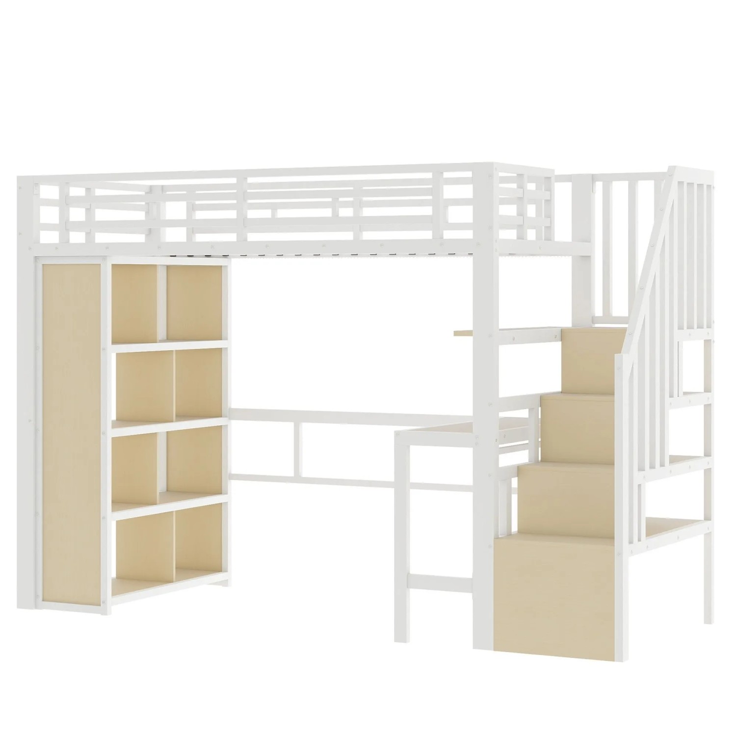 okwish Metall Hochbett 90x200cm mit Schreibtisch und LED Lichtleiste Weiß ohne Matratze