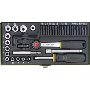 Proxxon 39-teiliger Schraubersatz 1/4 Zoll im Stahlkasten, sortiert mit Steckschlüsseln, Bits und Ratschen.