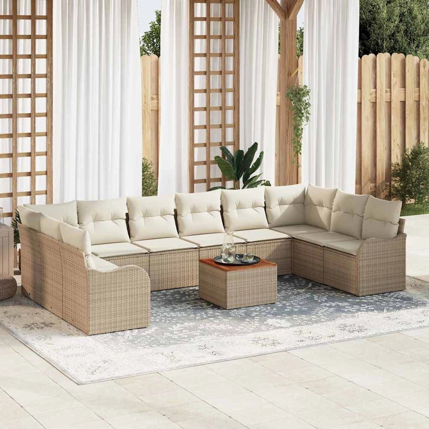 Beige vidaXL Garten-Lounge-Set, 11-teilig, mit Tisch und weißen Polstern für Terrasse oder Garten.