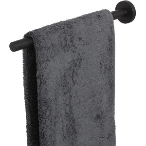 Schwarzer Tiger Teleskop-Handtuchhalter Boston aus Edelstahl mit grauem Handtuch.