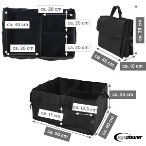 eyepower Faltbare Kofferraumtasche, 56x40x24cm, schwarz, mit Fächern und Tragegriff für Autopflege.