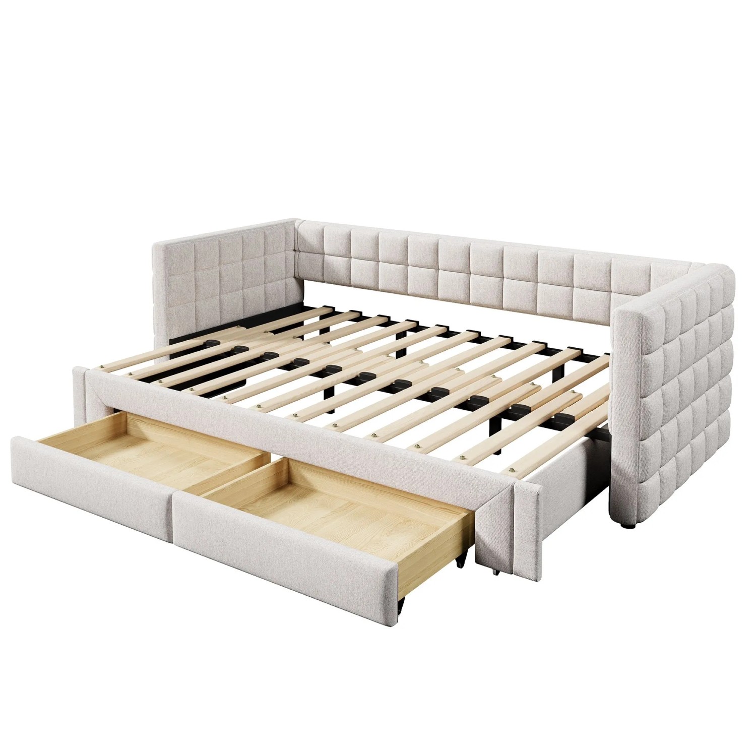 KOMHTOM Tagesbett 90x200Cm Sofabett Mit Quadratischer Rückenlehne Ausziehbares Bett Und 2 Schubladen Beige Ohne Matratze