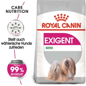 Royal Canin Exigent Mini Trockenfutter für wählerische kleine Hunde, 3 kg Packung, mit Hundebild.