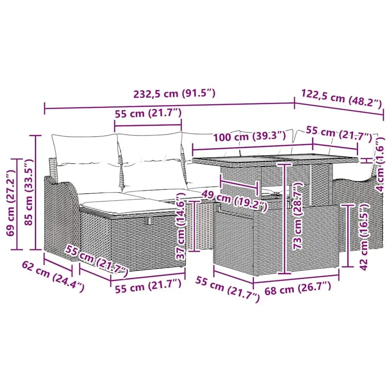 Schwarzes 7-teiliges vidaXL Garten-Sofa-Set aus Polyrattan mit Maßen.