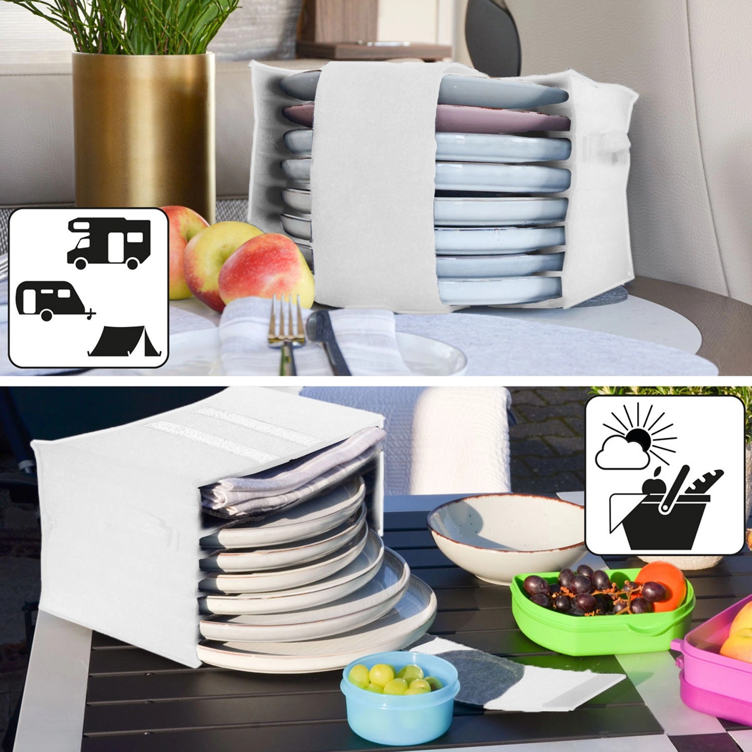 DuneDesign 2er Set Filz Teller- und Tassenhalter in Grau für Camping & Outdoor.