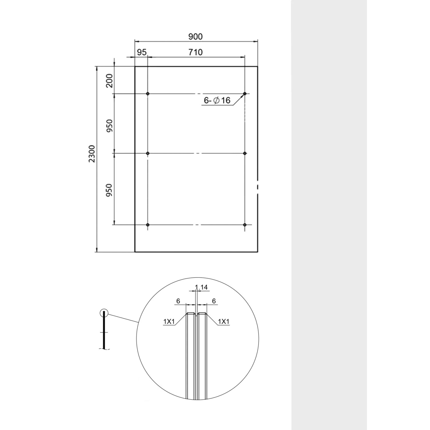 Technische Zeichnung Glasvordach Hagen, Maße 230x90cm, Klarglas, Vordach für Hauseingang.