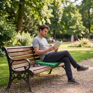 Grünes Relaxdays Kniekissen als Sitzunterlage auf Parkbank. Mann liest Buch. Polsternd, kompakt für Knieschutz.
