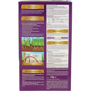 Compo Rasendünger Unkraut & Moos 4in1, 3kg Packung für 100m² Rasenfläche. Rückseite der Verpackung.