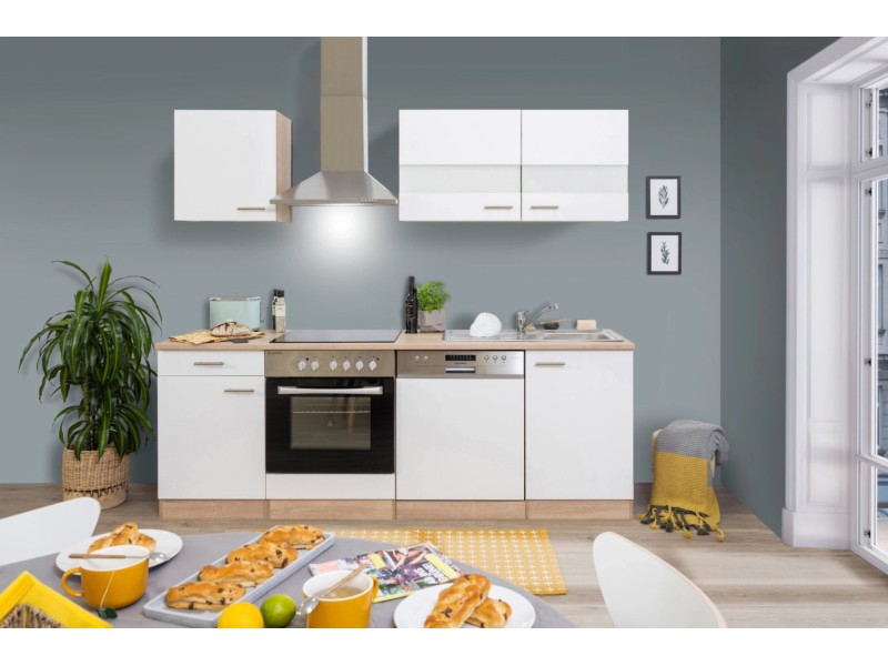 Respekta Küchenzeile KB220ESWC 220 cm Weiß-Eiche Sägerau – Weiß glänzend / Eiche Sägerau