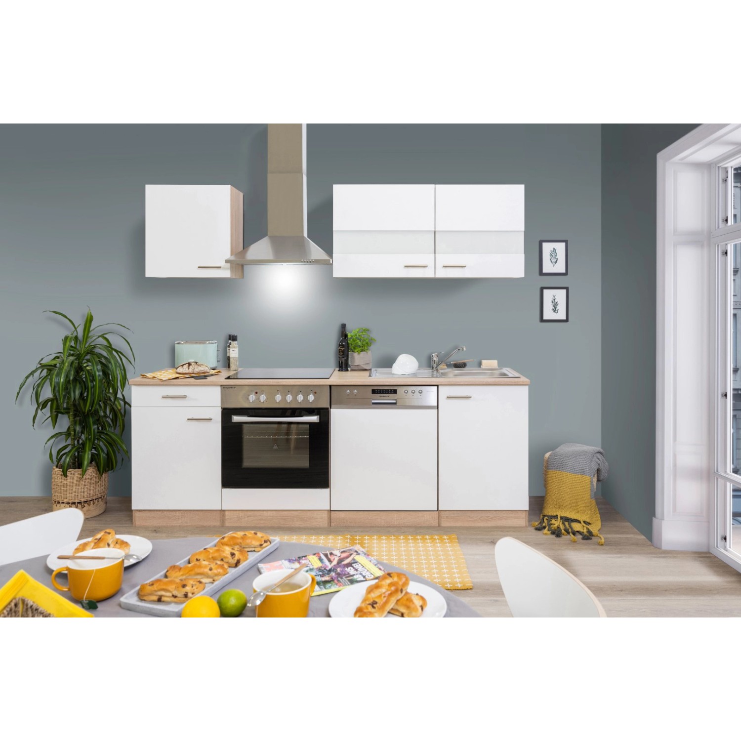 Respekta Küchenzeile/Küchenblock KB220ESWC 220 cm Weiß-Eiche Sägerau Nachbildung Glänzend
