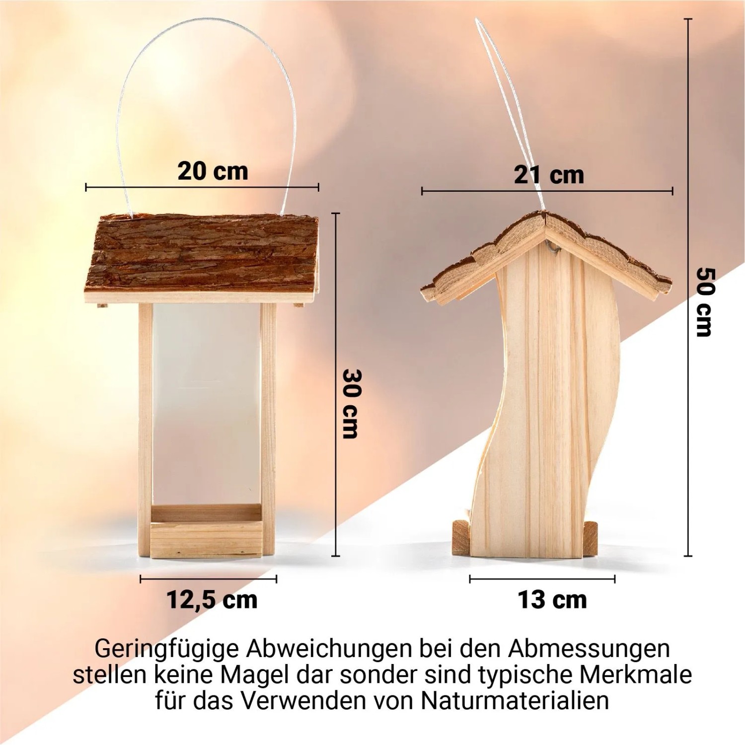CULT at home Vogel Futterhaus aus Holz mit braunem Rindendach, Kunststoffscheiben und Schnur zum Hängen, 30x21 cm.