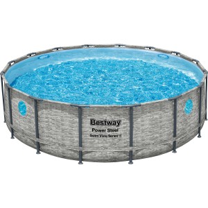 Bestway Stahlrahmenpool Set Power Steel Swim Vista, Ø 488 cm, grau, mit Fenster, Leiter, Filter und Abdeckplane.