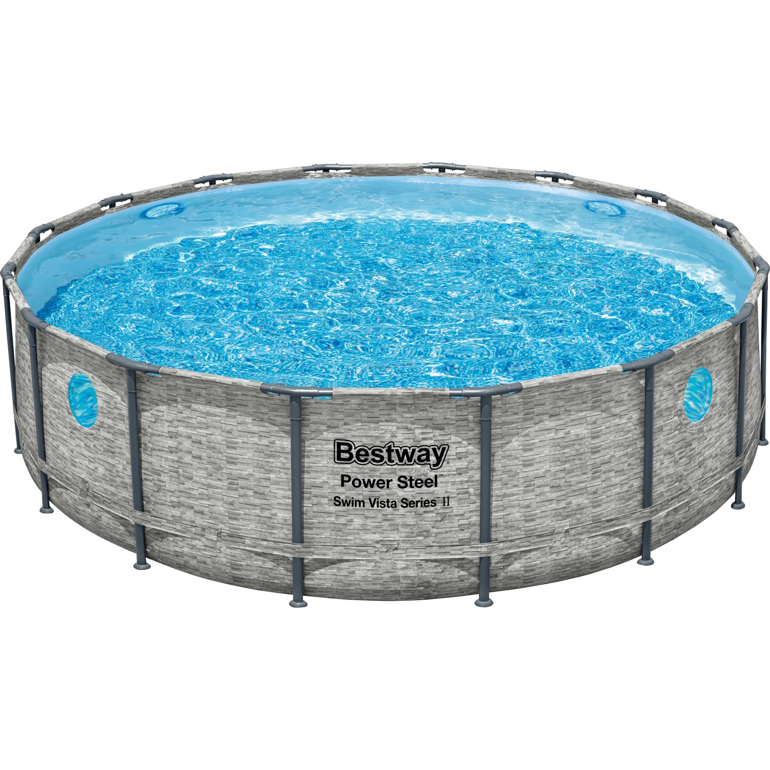 Bestway Stahlrahmenpool Set Power Steel Swim Vista, Ø 488 cm, grau, mit Fenster, Leiter, Filter und Abdeckplane.