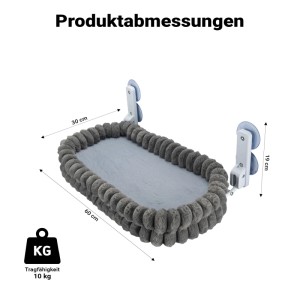 Dunkelgraue Katzenhängematte für Fenster, 30x60 cm, mit Saugnäpfen. Weiches Katzenbett bis 10 kg Tragkraft.
