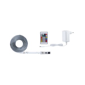 SimpLED RGBIC LED-Streifen Set 3m: aufgerolltes Band, weisse Fernbedienung mit Farbtasten, Netzteil.