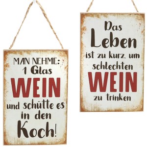 Zwei Hängeschilder "Wein" als Gartendeko mit lustigen Sprüchen, antik-weiß mit Jutekordel.