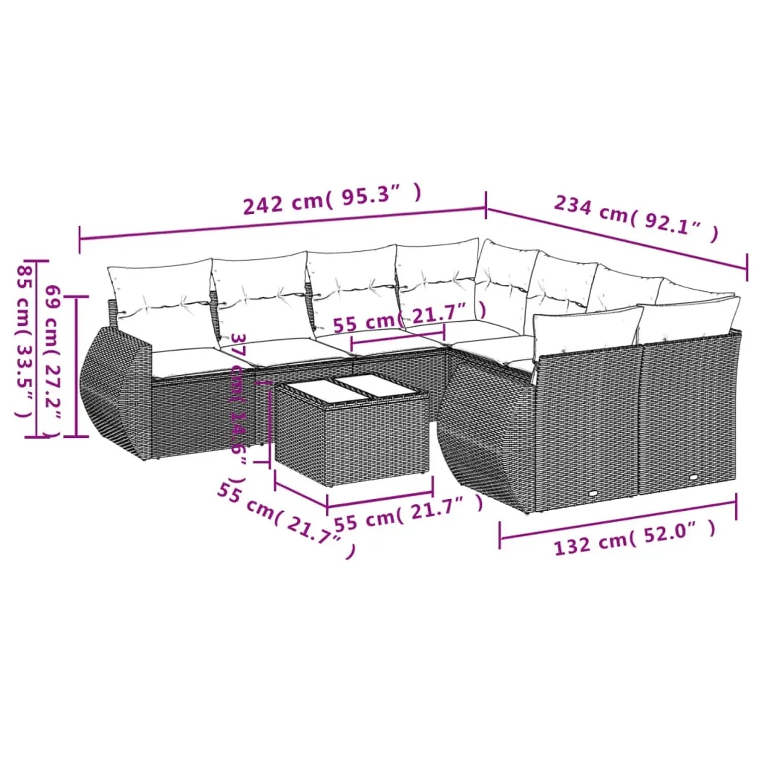 Schwarze 9-tlg. vidaXL Garten-Sofagarnitur aus Polyrattan mit Kissen und Maßen.