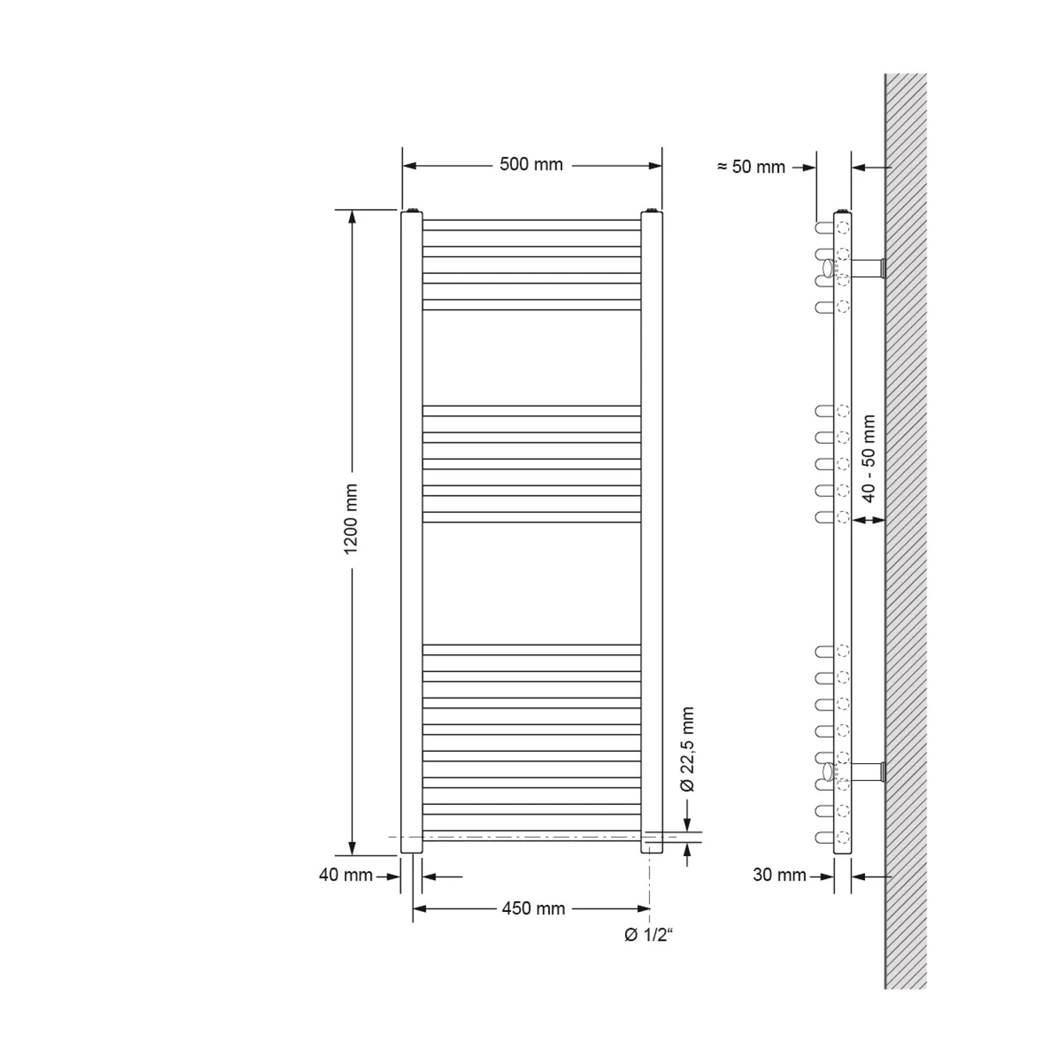 Technische Zeichnung: Weißer, gebogener ECD Germany Badheizkörper, 500x1200mm, mit Maßangaben.