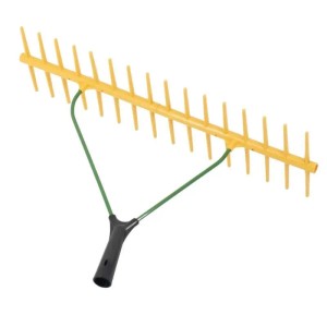 Gelber Galaflor Gartenrechen, doppelseitig, mit 32 Zinken und schwarzem Griff.