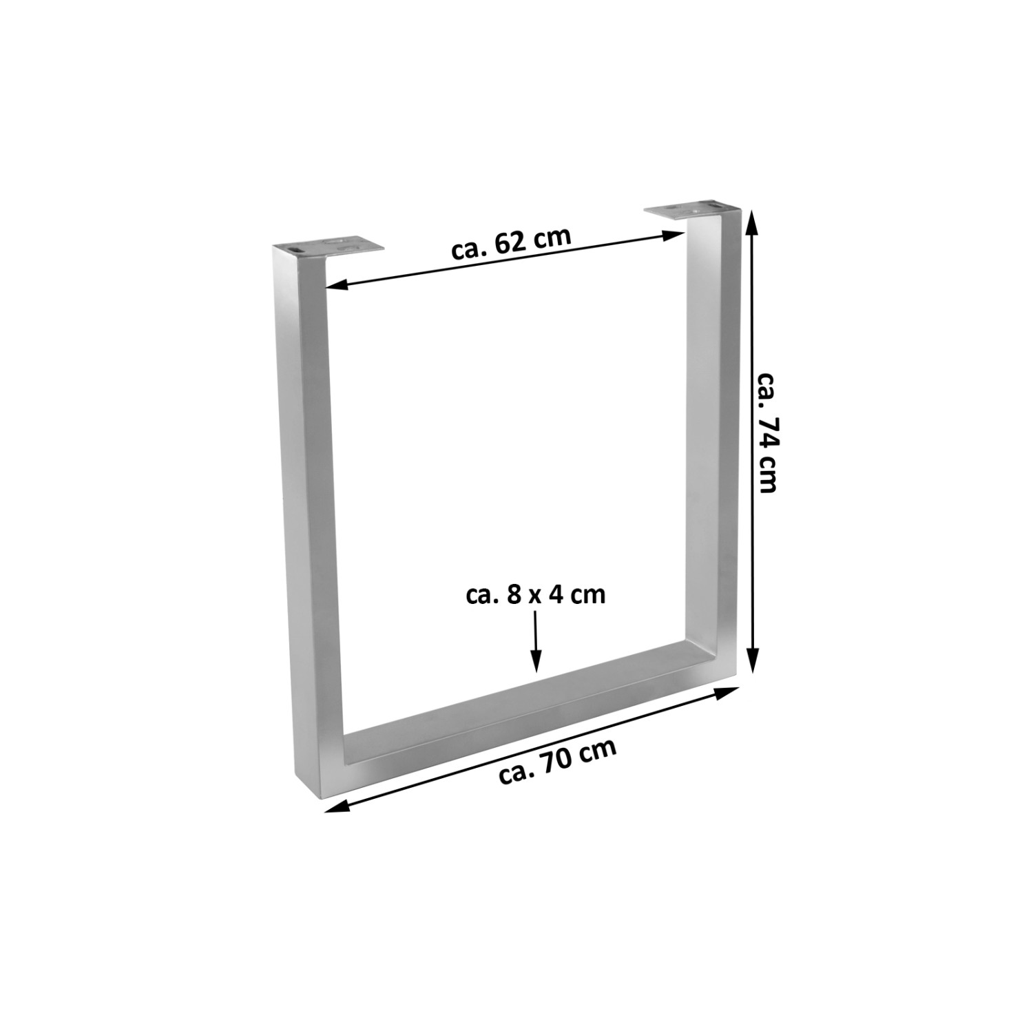 2er Set silbernes Tischgestell in U-Form, 70x10x74 cm, aus lackiertem Roheisen für Tische.