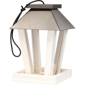 Kupferfarbenes Vogelhaus mit Schiebedach aus Metall und Kiefernholz zum Aufhängen.