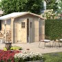 Weka Holz-Gartenhaus Bologna mit Anbaudach, naturbelassen, mit geöffneter Doppeltür und Holzlager.