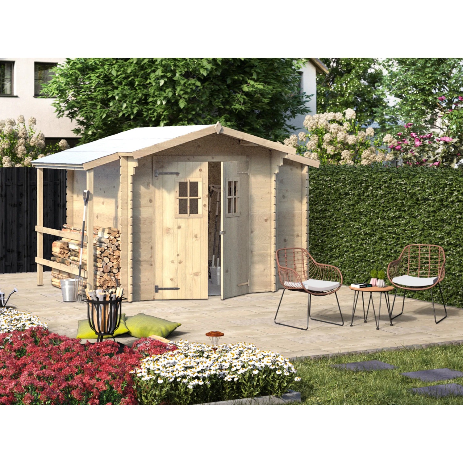 Weka Holz-Gartenhaus Bologna mit Anbaudach, naturbelassen, mit geöffneter Doppeltür und Holzlager.