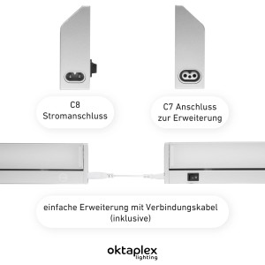 Detailaufnahme: Oktaplex LED Unterbauleuchte Küche, Aluminium, Anschlüsse und Verbindungskabel.