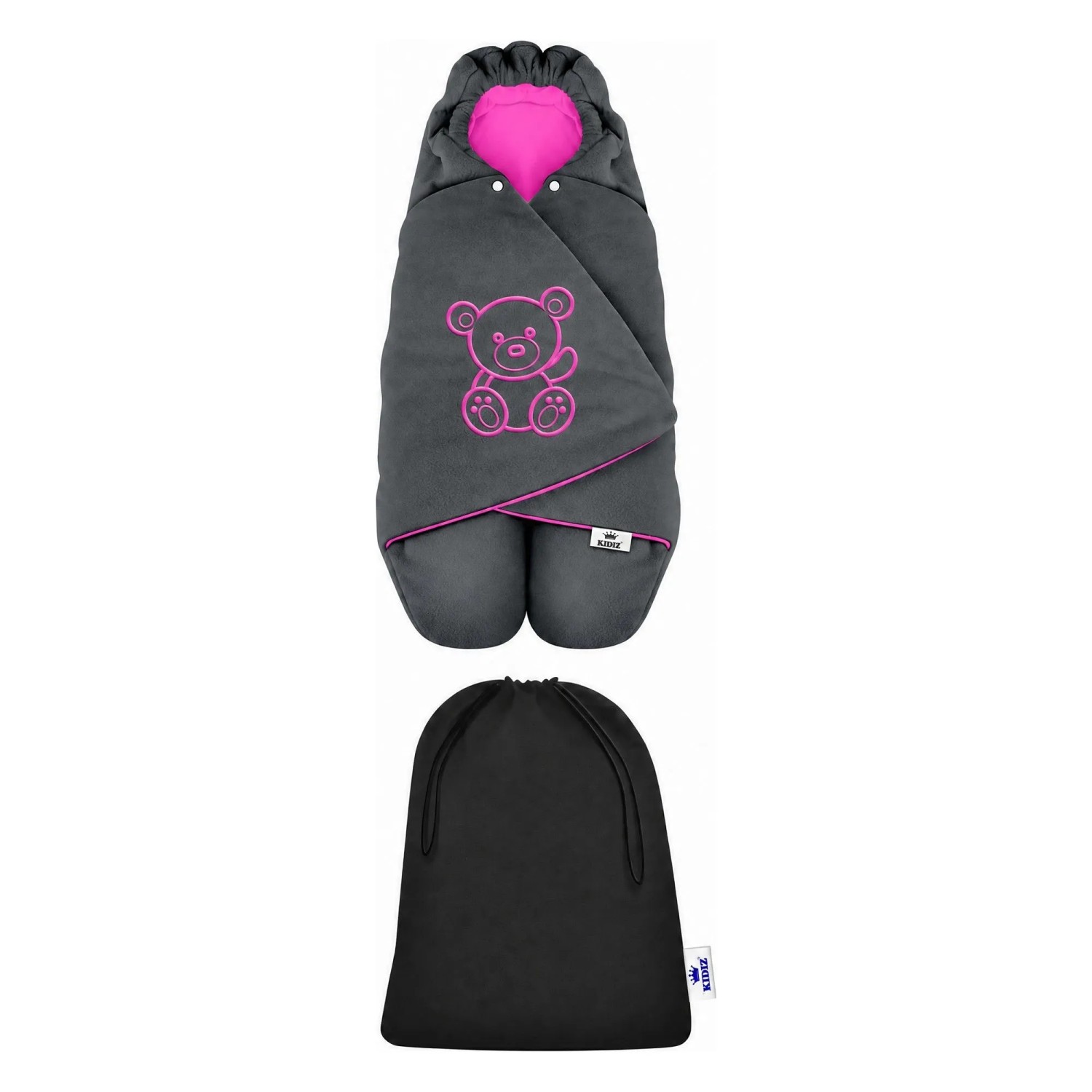 KIDIZ Baby Einschlagdecke mit Kapuze und Tasche Winter Fußsack Anthrazit Pink