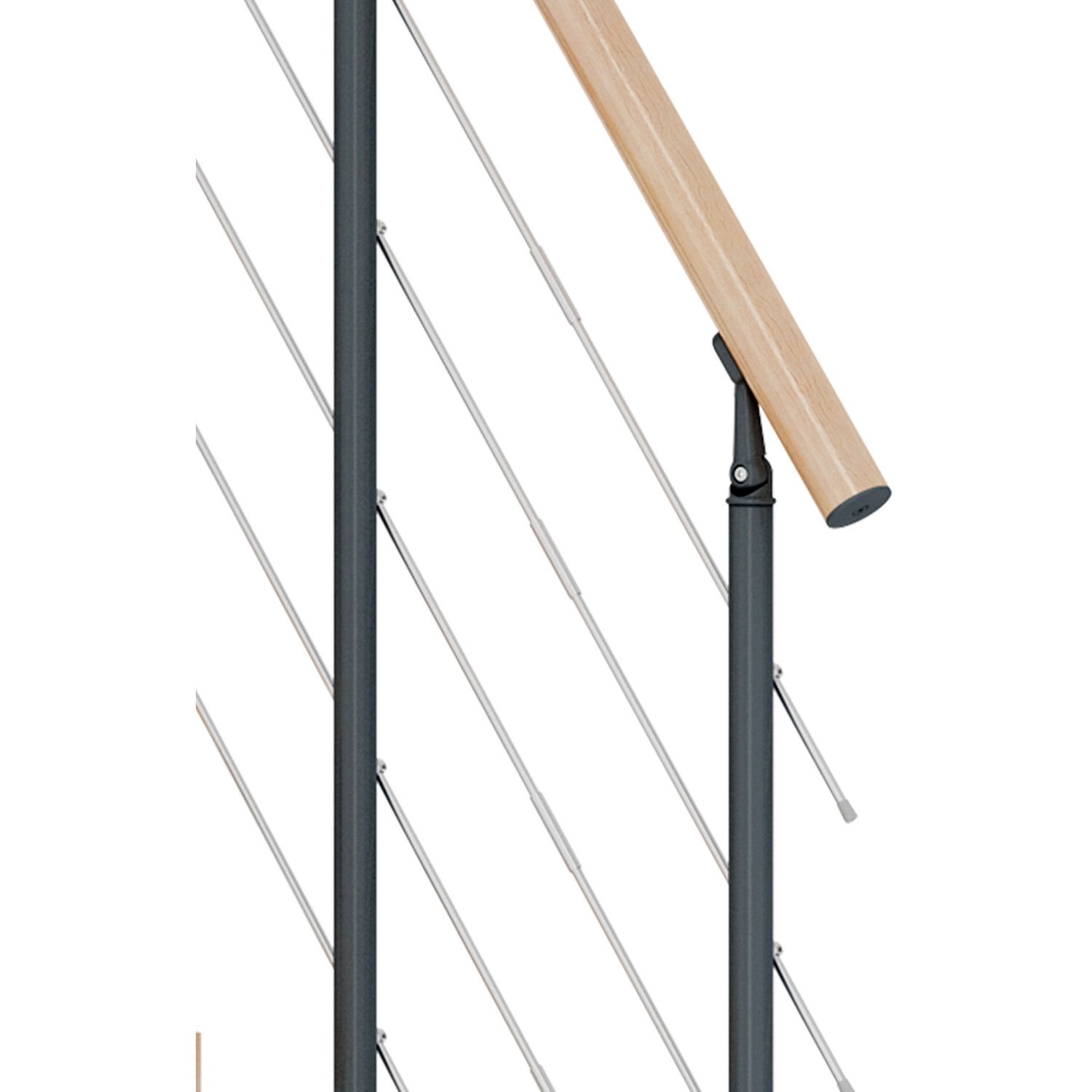 Detailansicht Dolle Mittelholmtreppe Basel Buche Anthrazit mit Edelstahl Geländerstäben.