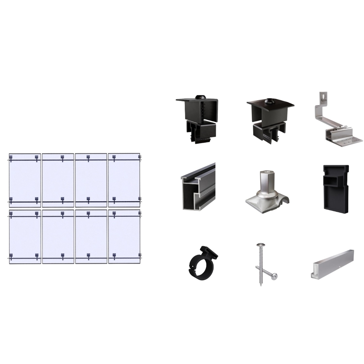 SolMount Montageset Schrägdach 8 Module Anordnung 4 Module nebeneinander und 2 Module untereinander Schwarz Eloxiert