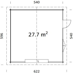 Grundriss Palmako Holzgarage Roger mit Sektionaltor, 540x540 cm. Fertiggarage mit Tür und Fenster.