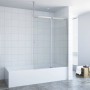 Aquabatos Badewannenaufsatz mit klarer 6 mm ESG-Glasschiebetür und Chromprofilen auf weißer Badewanne im modernen Bad.