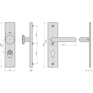 Technische Zeichnung: Basi Schutzbeschlag SB 7500 ES0 Edelstahl Wechsel-Garnitur mit Maßen.