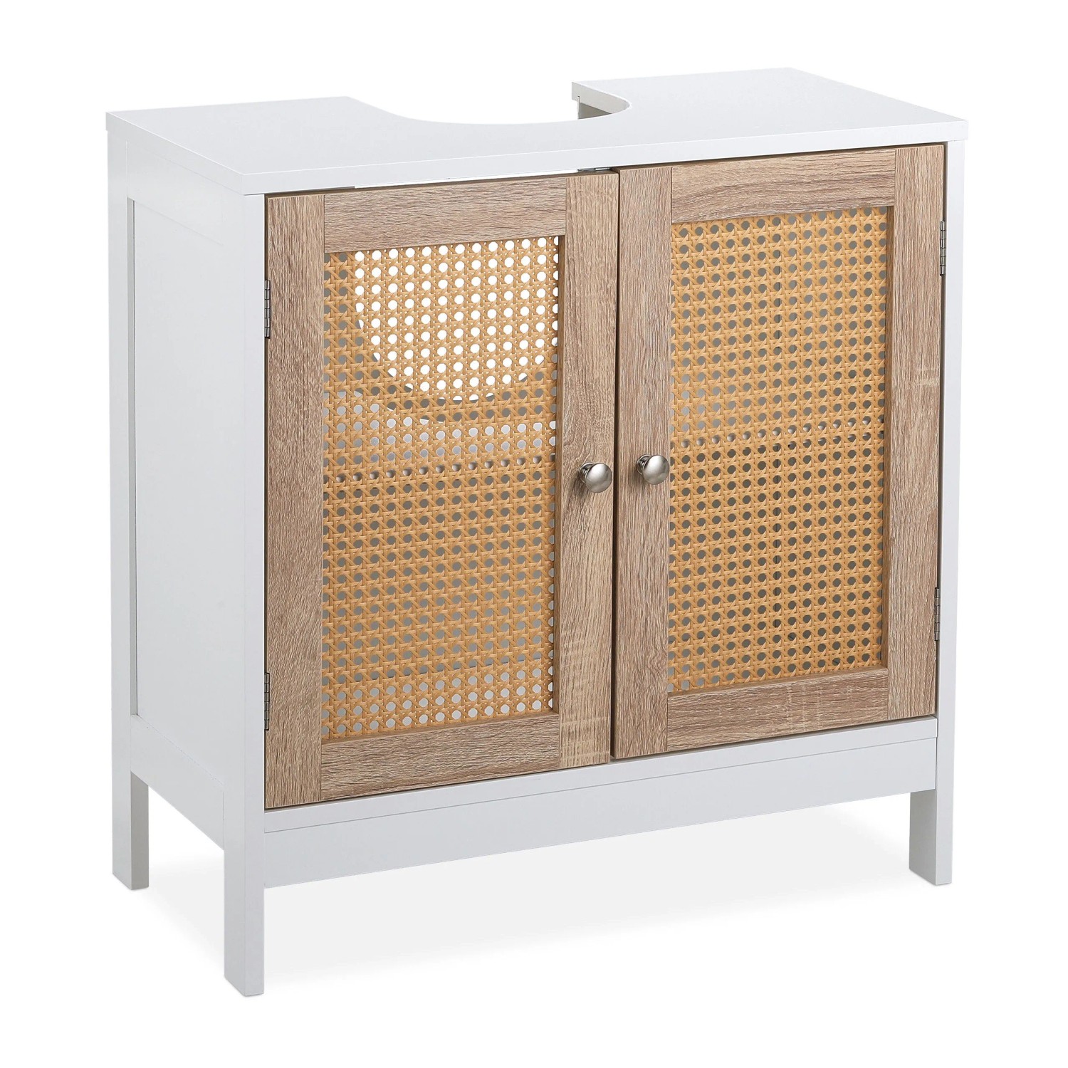 Relaxdays Waschbeckenunterschrank MDF Weiß Natur mit Rattan Türen Einlegeboden Siphonaussparung 61,5 cm x 60 cm x 30 cm 9 kg