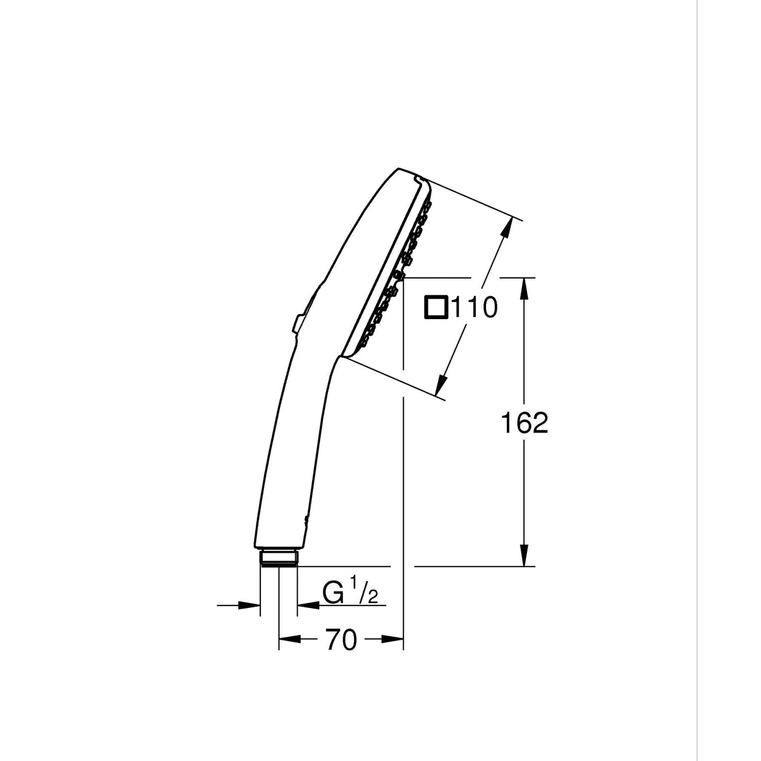 Technische Zeichnung der mattschwarzen Grohe Vitalio Comfort 110 Handbrause mit Maßen.