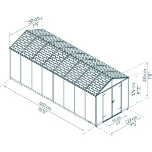 Technische Zeichnung: Palram Canopia Gerätehaus Rubicon 237x602 cm, Maße und Details.