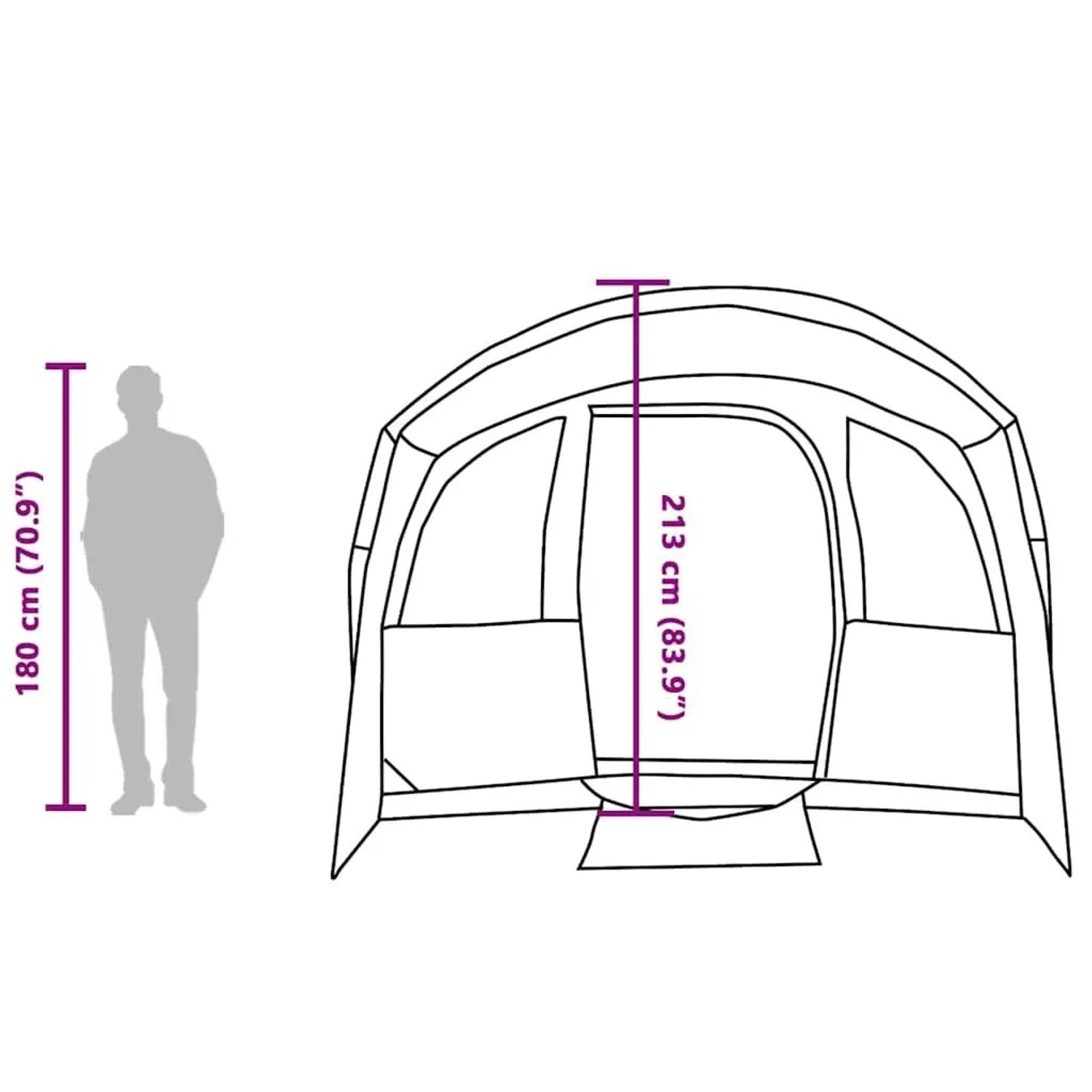 vidaXL Zelt: Höhen-Diagramm (213 cm) mit 180 cm Person als Größenvergleich. Camping & Outdoor.